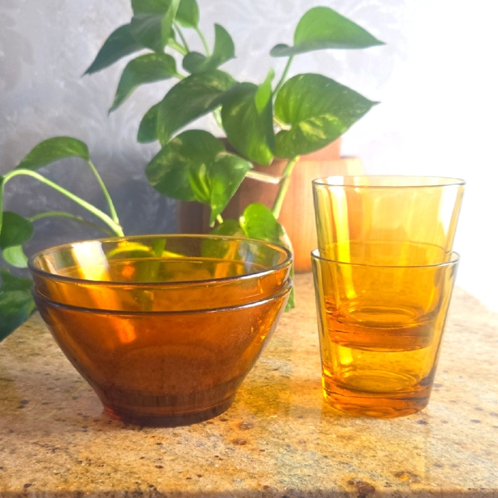 Amber Glass Bowl and Tumbler Set